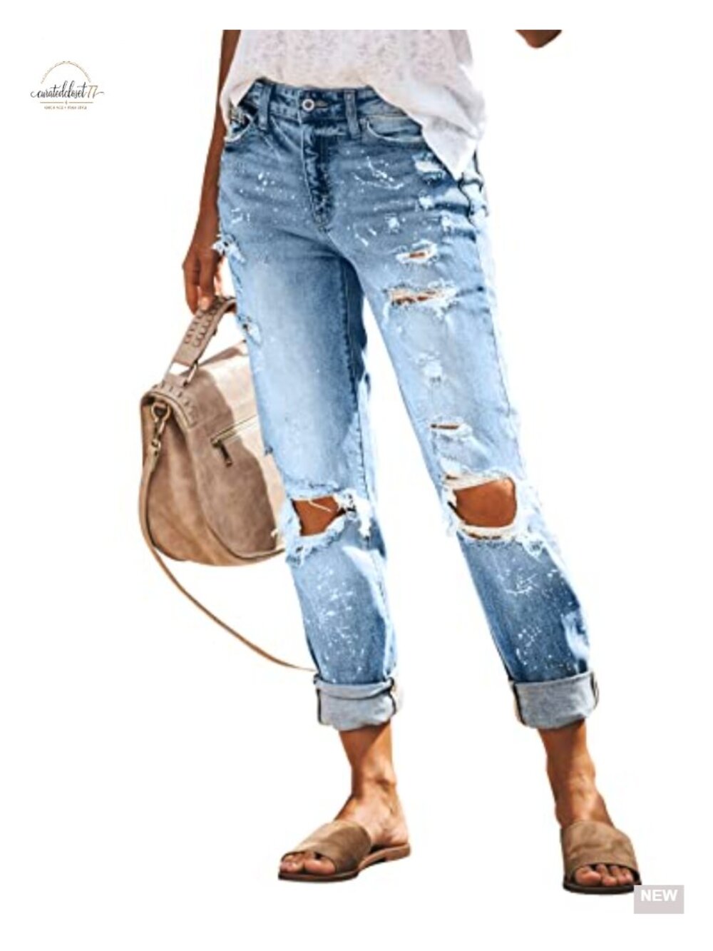 Ripped Mid Waisted Boyfriend Jeans Loose Fit Distressed Stretchy Denim Pants - Picture 2 of 6